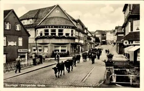 Ak Braunlage im Oberharz, Elbingeröder Straße, Rinder, Passanten, Cafe Junker