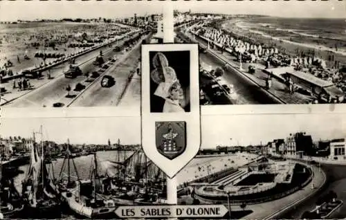 Ak Les Sables d'Olonne Vendée, Strand, Hafen, Schwimmbad, Frau in Tracht