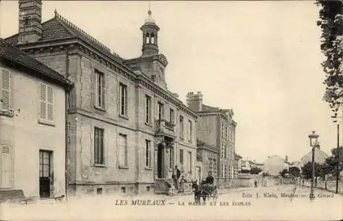Ak Les Mureaux Yvelines, Rathaus und Schulen, Eselsgespann