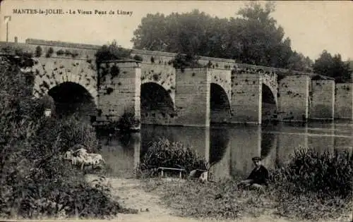Ak Mantes la Jolie Yvelines, Die alte Brücke von Limay