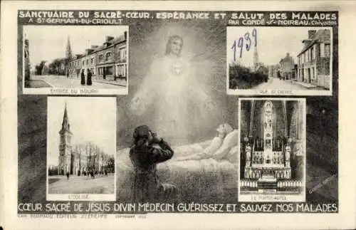 Ak Condé sur Noireau Calvados, Sacre Coeur, Eingang zum Dorf, Kirche, Rue St. Pierre