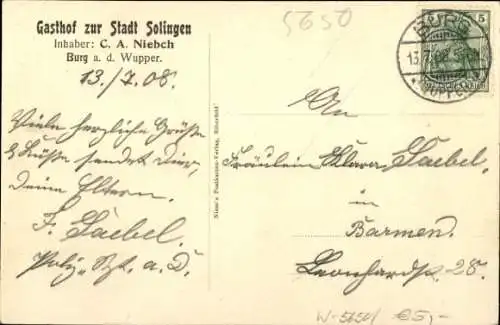 Ak Burg an der Wupper Solingen, Schloss Burg, Gasthof zur Stadt Solingen