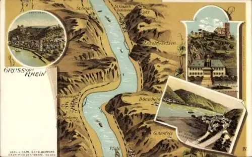 Landkarten Litho St. Goarshausen am Rhein, Oberwesel, Caub, Blücherdenkmal, Fliegeraufnahme