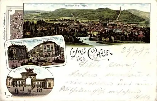Litho Kassel, Panorama, Auetor, Friedrich Wilhelms Platz, Löwenbrunnen