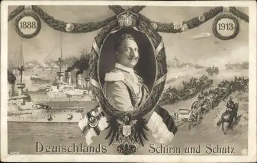 Passepartout Ak Kaiser Wilhelm II., Zeppelin, Deutsches Kriegsschiff, Deutschlands Schirm und Schutz