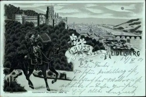 Mondschein Litho Heidelberg am Neckar, Panorama, Trompeter
