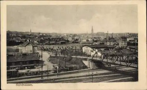 Ak Nordhausen am Harz, Panorama, Bahnhof, Brücke