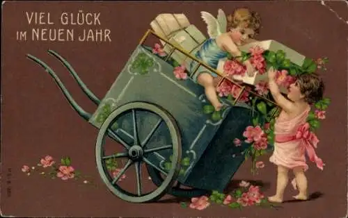 Präge Ak Glückwunsch Neujahr, Engel, Karre, Glücksklee