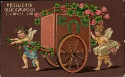 Präge Ak Glückwunsch Neujahr, Engel, Karre, Glücksklee, Hufeisen