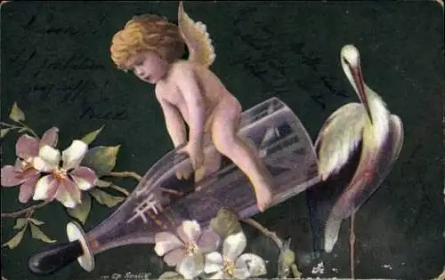 Ak Engel, Babyflasche, Storch, Blumen, Sauger