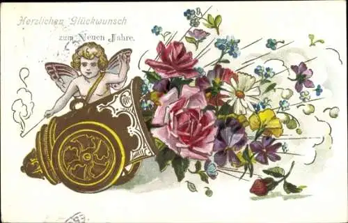 Präge Ak Glückwunsch Neujahr, Engel, Kanone, Blumen