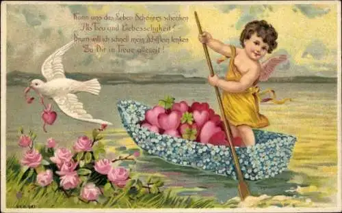Präge Ak Engel im Ruderboot, Blumen, Taube, Rosen