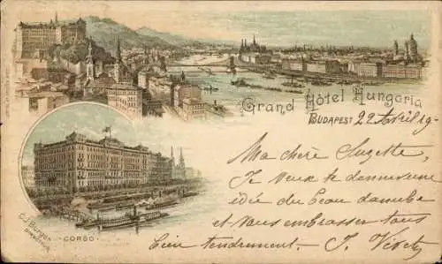 Litho Budapest Ungarn, Grand Hotel Hungaria, Corso, Stadtpanorama