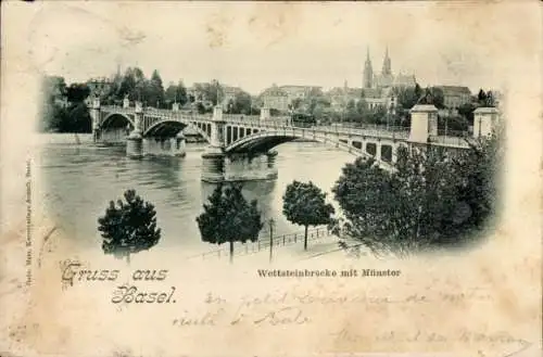Ak Basel Stadt Schweiz, Wettsteinbrücke, Münster