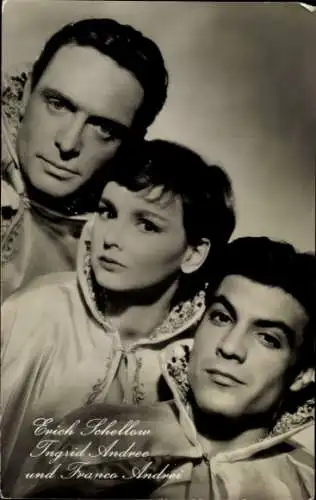 Ak Schauspieler Erich Schellow, Franco Andrei, Schauspielerin Ingrid Andree, Film Drei vom Variete