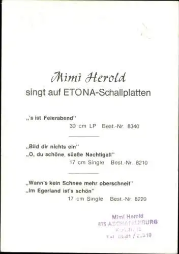 Ak Schauspielerin Mimi Herold, Portrait, Autogramm, Sängerin, Akkordeon