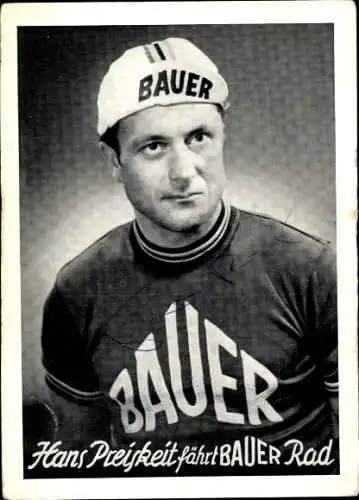 Ak Schauspieler Hans Preiskeit, Portrait, Autogramm, fährt Bauer Rad