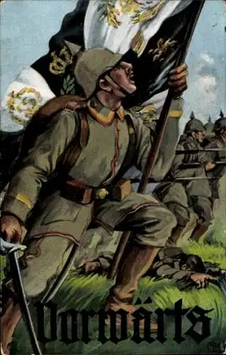 Künstler Ak Vorwärts, Soldaten in der Schlacht, 1. WK