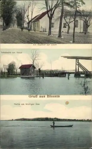 Ak Blossin in der Mark, Gasthof zur Linde, Trinkhalle am Kanal, Hubbrücke, Wolziger See