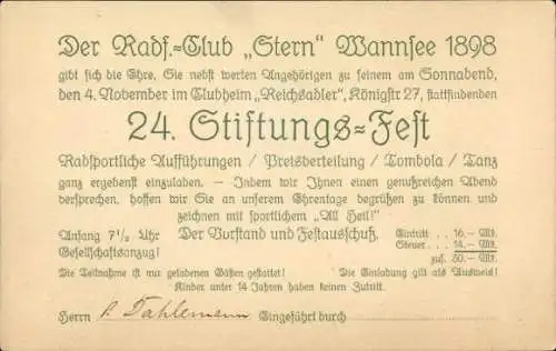 Ak Berlin, Rad-Club Stern Wannsee 1898, 24. Stiftungsfest, Clubheim Reichsadler, Königstraße 27