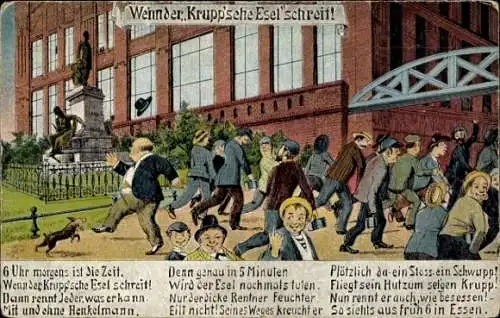 Ak Essen, Wenn der Krupp'sche Esel schreit, Fabrikarbeiter auf dem Weg zur Arbeit, Gedicht