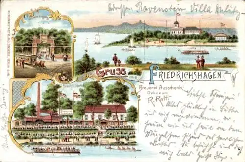 Litho Berlin Köpenick Friedrichshagen, Brauerei Ausschank, Garten am Müggelsee