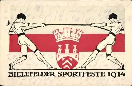 Ak Bielefeld, Bielefelder Sportfeste 1914, Sportler beim Tauziehen, Wappen