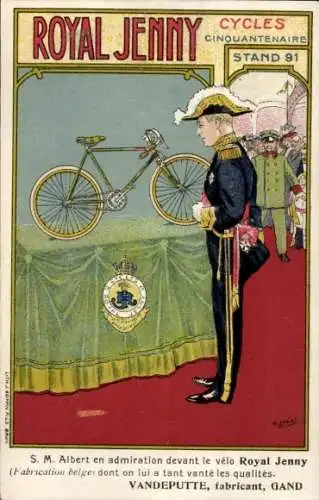 Künstler Litho König Albert von Belgien, Messestand Royal Jenny Fahrrad, Vandeputte
