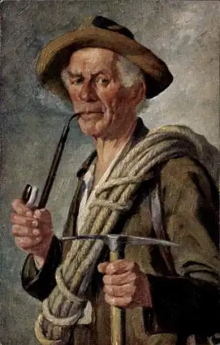 Künstler Ak Ludwig Voss, Bergführer, Pfeife, Spitzhacke, Seile