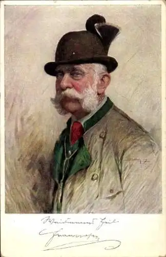 Künstler Ak Kaiser Franz Joseph I., Portrait als Jäger
