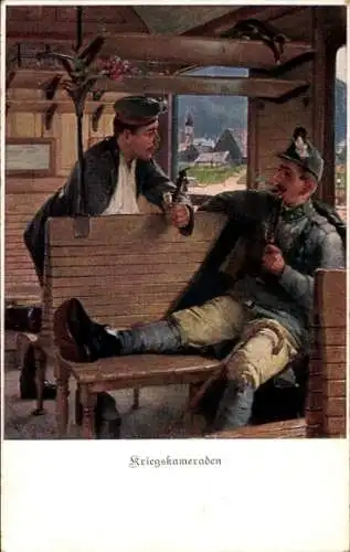 Künstler Ak Kriegskameraden, Zwei rauchende Soldaten in einem Bahnabteil, Österreicher
