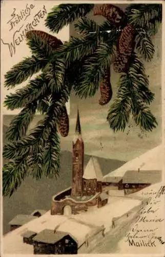 Präge Künstler Ak Mailick, Frohe Weihnachten, verschneites Dorf, Kirche, Tannenzweige