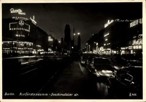 Foto Ak Berlin Charlottenburg, Kurfürstendamm, Joachimstaler Straße, Leuchtreklame, Mercedes Benz