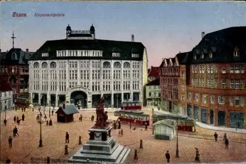 Ak Essen im Ruhrgebiet, Kopstadtplatz, Denkmal, Straßenbahnen