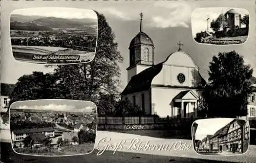 Ak Groß Bieberau im Odenwald, evangelische Kirche, Schloss Lichtnberg, Ehrenmal, Apotheke