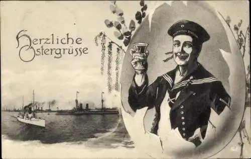 Ak Frohe Ostern, deutsche Kriegsschiffe, Kaiserliche Marine, Matrose, Osterei