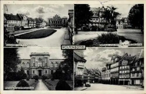 Ak Wolfenbüttel, Saarplatz, Rathaus, Krambuden, Trinitatiskirche, Herzog August Denkmal, Bibliothek