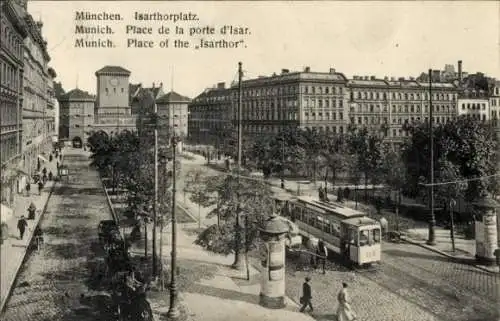Ak München, Isartorplatz, Straßenbahn, Litfaßsäule