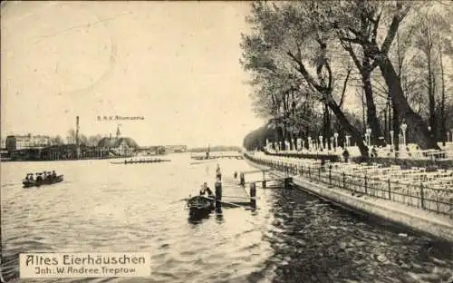 Ak Berlin Treptow,  Anlegestelle am Alten Eierhäuschen, Inhaber W. Andre, Ruderboote