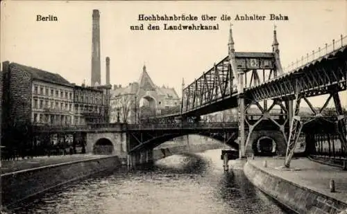 Ak Berlin Kreuzberg, Hochbahnbrücke über die Anhalter Bahn und den Landwehrkanal