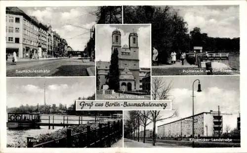 Ak Berlin Treptow Baumschulenweg, Baumschulenstraße, Promenade an der Spree, Fähre, Kirche