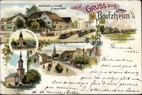 Litho Bootzheim Boozheim Elsass Bas Rhin, Gasthaus zur Krone, Kirche, Straßenbahn Depot