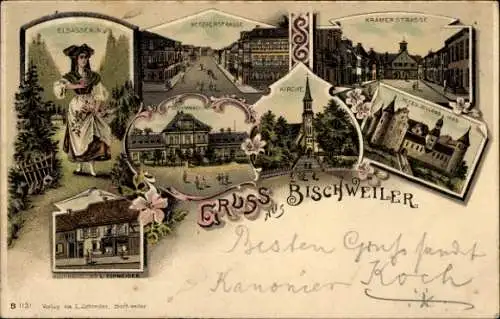 Litho Bischwiller Bischweiler Elsass Bas Rhin, Krämerstraße, Kirche, Metzgerstraße, Schloss