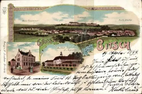 Litho Bitche Bitsch Lothringen Moselle, Panorama, Festung, Kasernen, Kirche, Postamt, Institut
