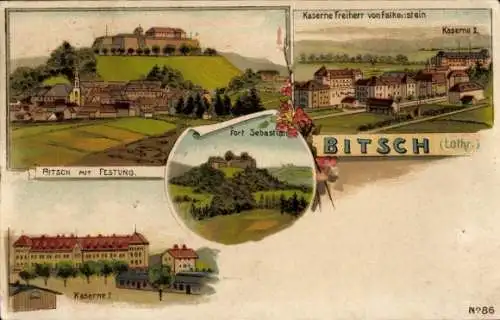 Litho Bitche Bitsch Lothringen Moselle, Festung, Kaserne Freiherr von Falkenstein, Fort Sebastian