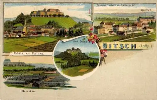 Litho Bitche Bitsch Lothringen Moselle, Festung, Kaserne Freiherr von Falkenstein, Fort Sebastian