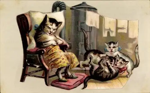 Ak Katzenfamilie, Schlafende Katzenmutter, Spielende Katzen