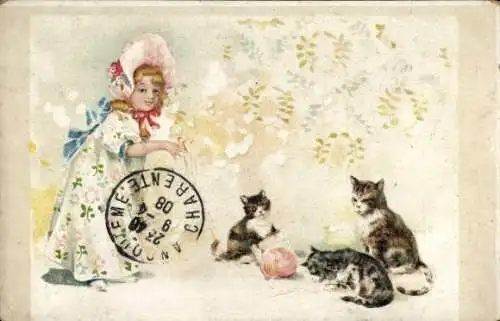 Ak Mädchen spielt mit Katzen und Wollknäuel