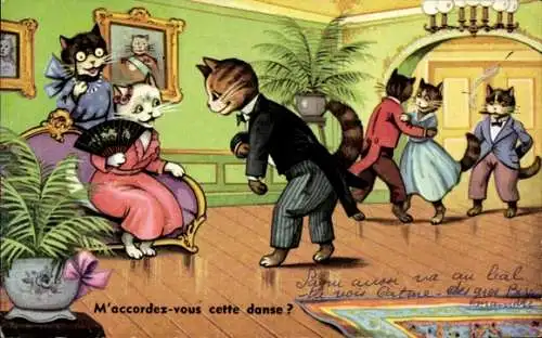 Ak Vermenschlichte Katzen beim Tanzen, Katze zum Tanz gebeten, Fächer