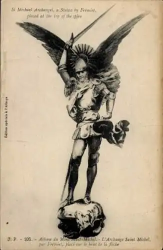 Ak Le Mont Saint Michel Manche, Abbaye, Statue de Archangel St. Michael